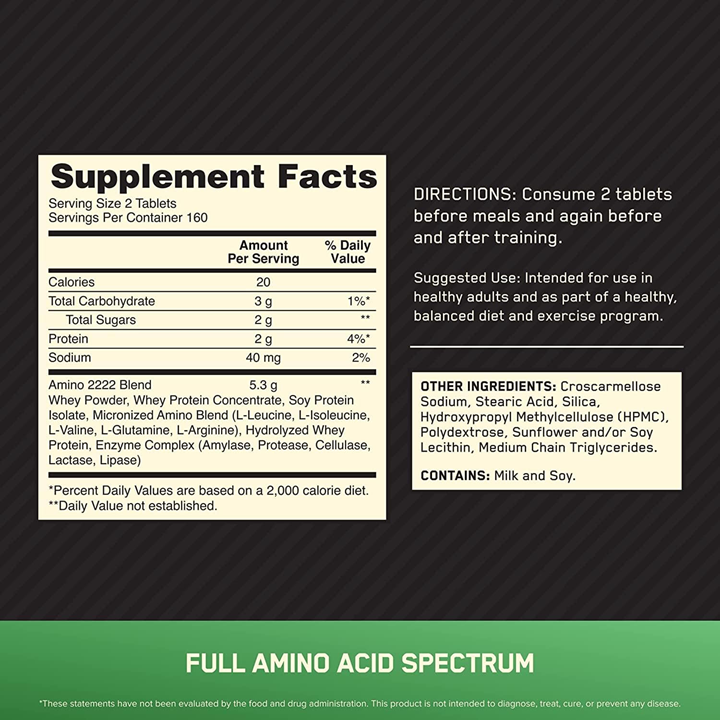 optimum nutrition superior amino 2222 tablets suplement facts